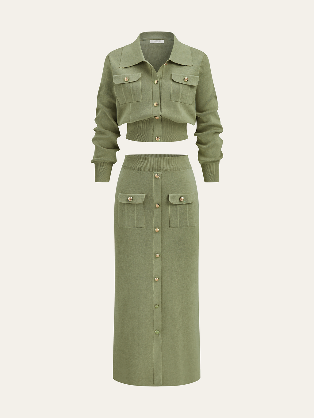 Women’s Collared Knit Cardigan and Button Front Midi Skirt Set – Elegant Two-Piece Outfit for Office and Autumn Wear