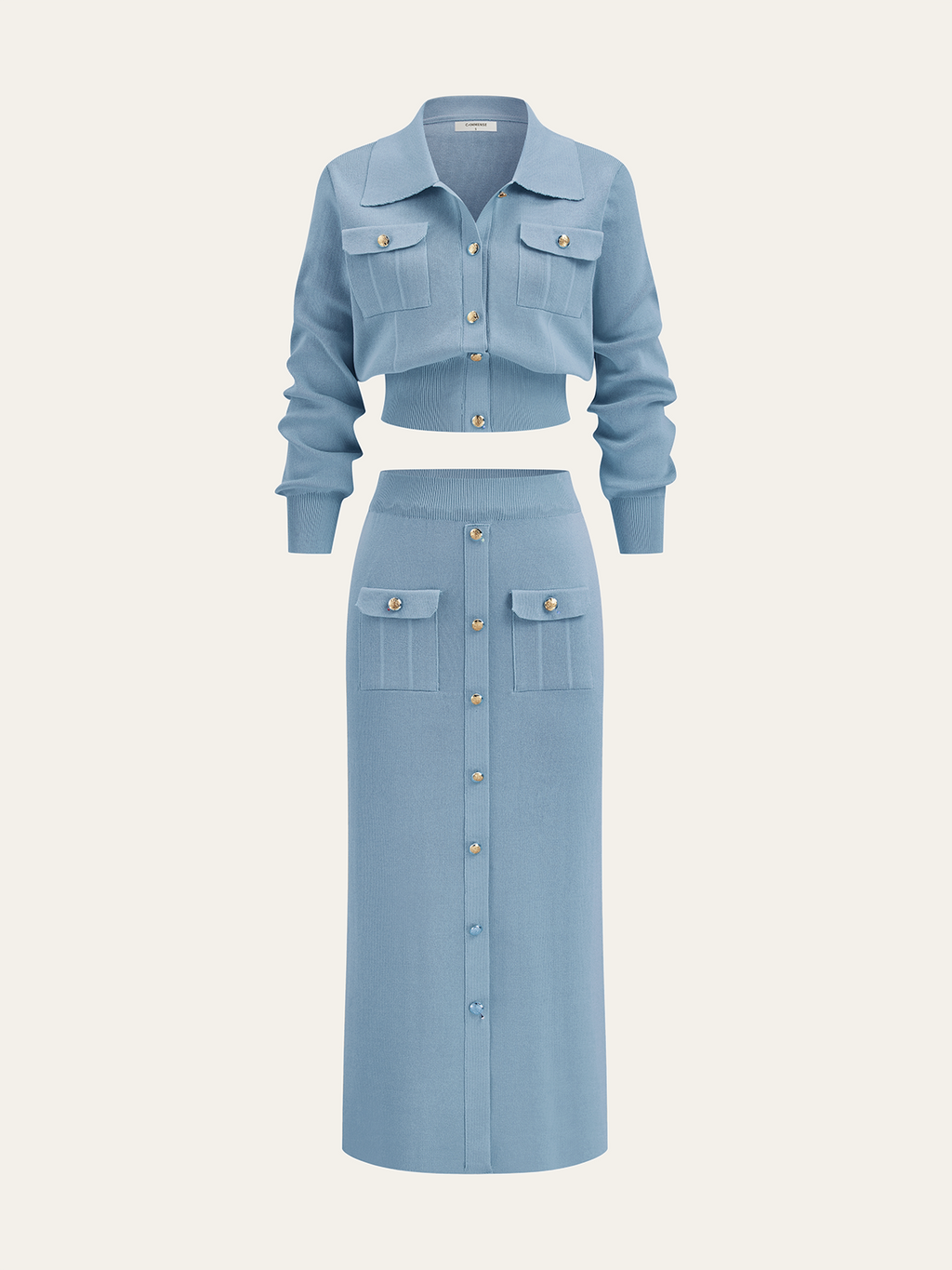 Women’s Collared Knit Cardigan and Button Front Midi Skirt Set – Elegant Two-Piece Outfit for Office and Autumn Wear
