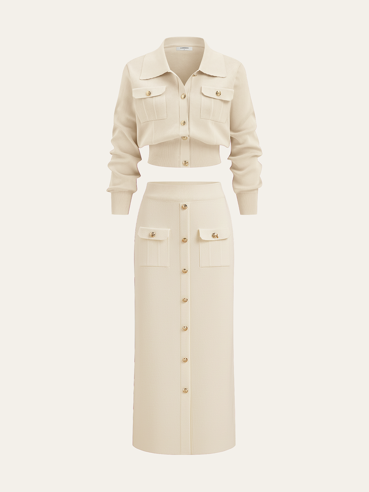 Women’s Collared Knit Cardigan and Button Front Midi Skirt Set – Elegant Two-Piece Outfit for Office and Autumn Wear