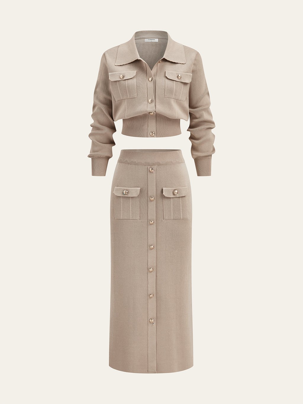 Women’s Collared Knit Cardigan and Button Front Midi Skirt Set – Elegant Two-Piece Outfit for Office and Autumn Wear