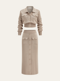 Women’s Collared Knit Cardigan and Button Front Midi Skirt Set – Elegant Two-Piece Outfit for Office and Autumn Wear