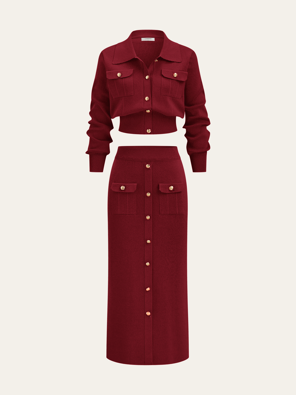 Women’s Collared Knit Cardigan and Button Front Midi Skirt Set – Elegant Two-Piece Outfit for Office and Autumn Wear