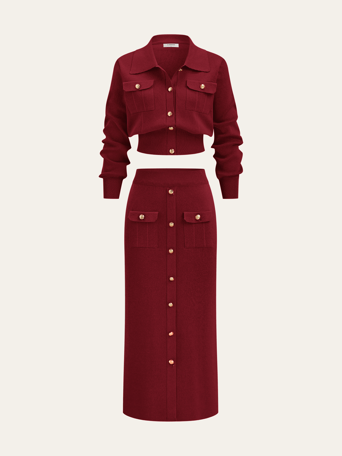 Women’s Collared Knit Cardigan and Button Front Midi Skirt Set – Elegant Two-Piece Outfit for Office and Autumn Wear