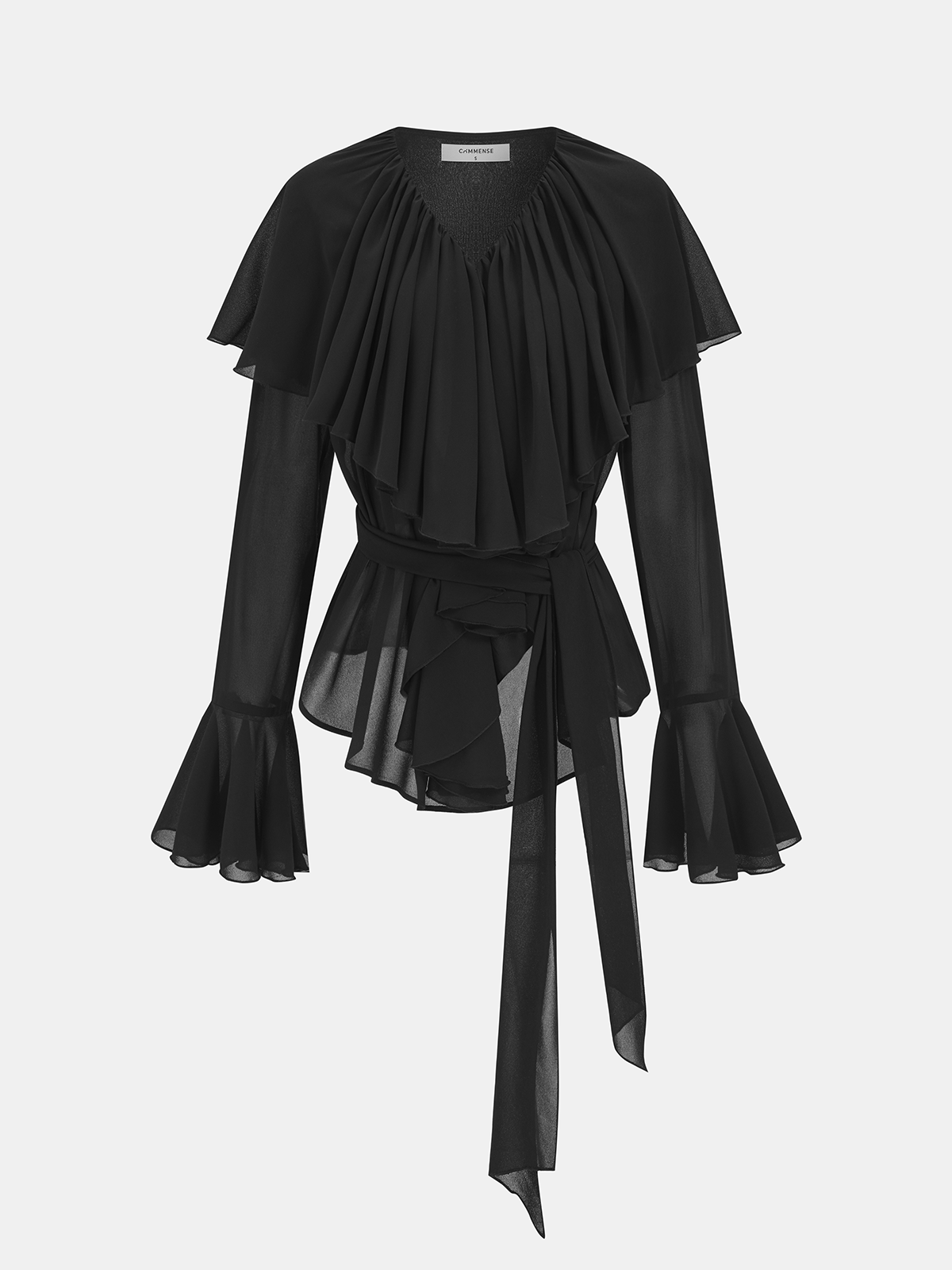 Women's Elegant Ruffled Chiffon Blouse with Tie Waist and Flared Cuffs – Sheer Long Sleeve Top for Evening and Smart Casual Wear
