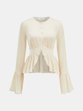 Women's Elegant Semi Sheer Peplum Blouse with Flared Cuffs – Textured Button Front Long Sleeve Top for Smart Casual and Evening Wear