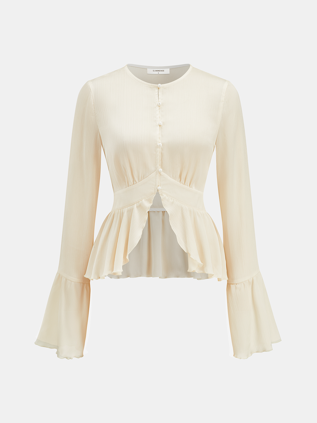Women's Elegant Semi Sheer Peplum Blouse with Flared Cuffs – Textured Button Front Long Sleeve Top for Smart Casual and Evening Wear