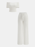 Women’s Ribbed Knit Off-Shoulder Top and Wide Leg Trouser Set – Soft Stretch Two-Piece Loungewear for Relaxed Everyday Dressing