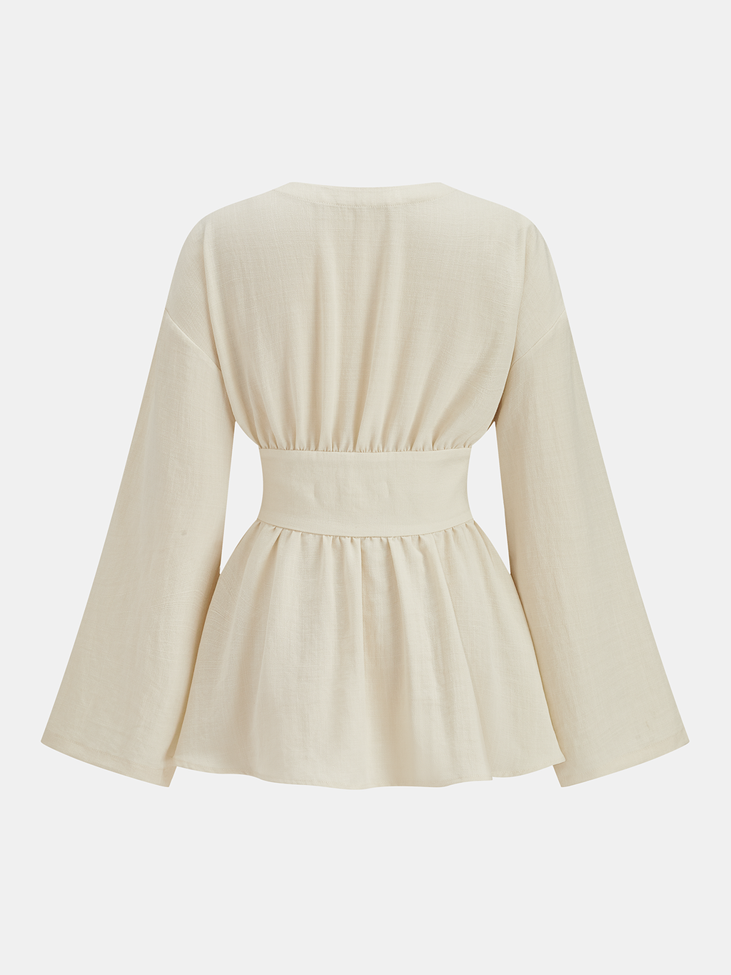 Women's Elegant V Neck Peplum Blouse with Double Buckle Waist – Tailored Long Sleeve Top for Office and Smart Casual Wear