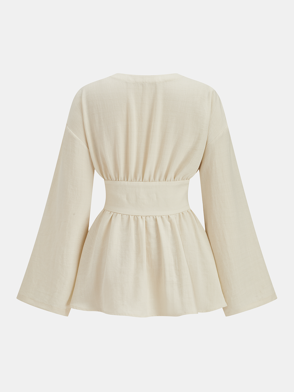 Women's Elegant V Neck Peplum Blouse with Double Buckle Waist – Tailored Long Sleeve Top for Office and Smart Casual Wear