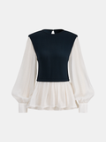 Women's Elegant Layered Peplum Blouse with Balloon Sleeves – Ribbed Fitted Bodice for Smart Casual and Office Wear