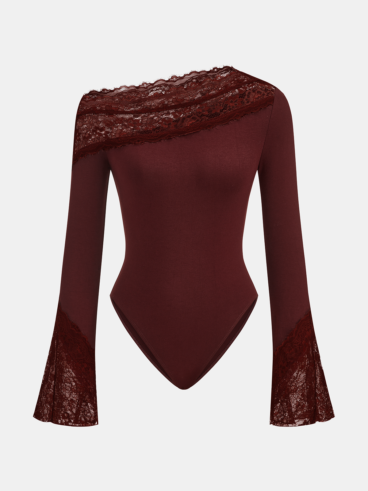 Women's Elegant Asymmetric Off Shoulder Bodysuit with Lace Flared Sleeves – Fitted Stretch Jersey Top for Evening and Smart Casual Wear