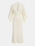 Women's Pointelle Knit Maxi Dress with Bishop Sleeves – Soft V Neck Openwork Dress for Elegant Spring and Summer Wear