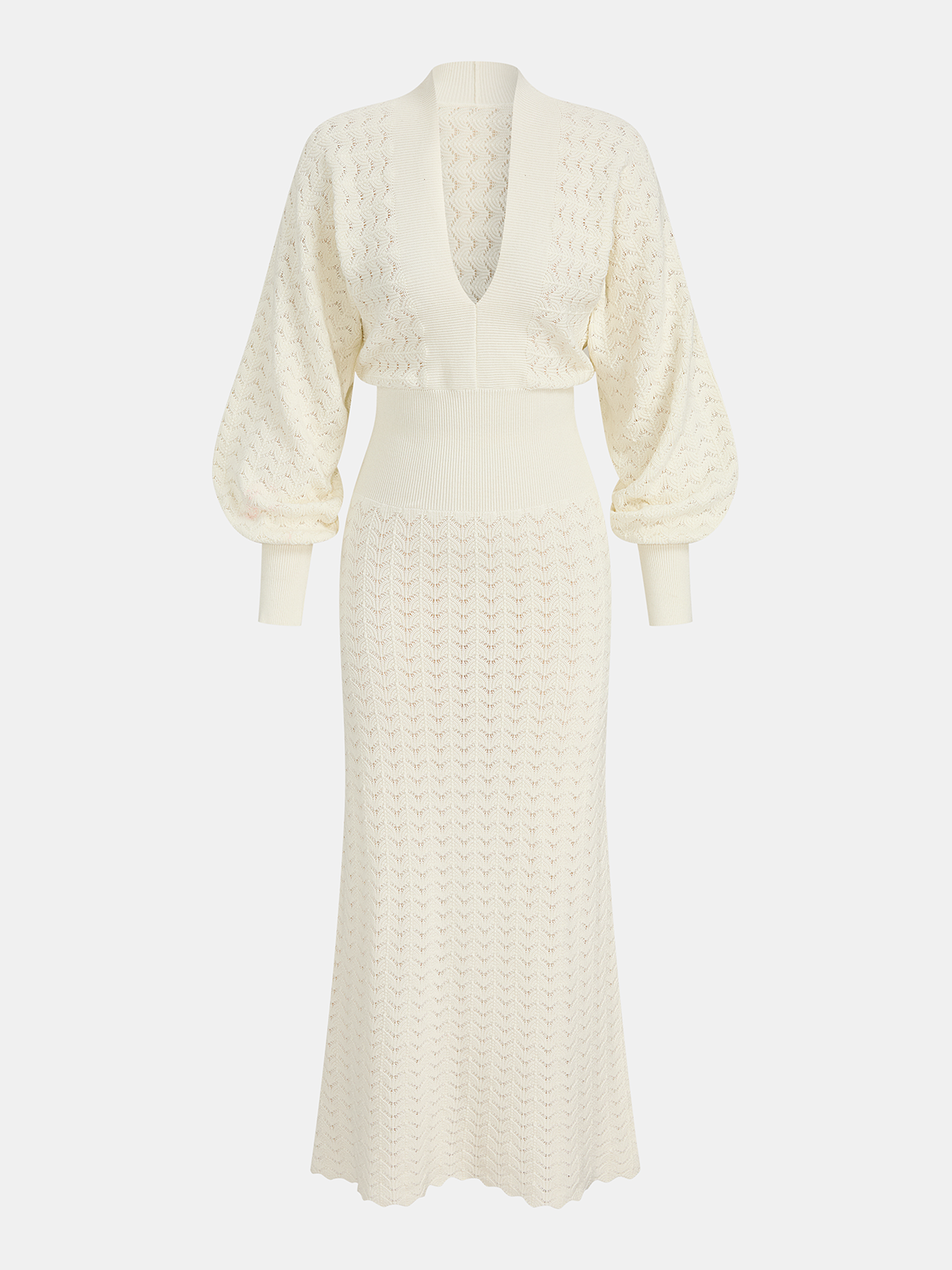 Women's Pointelle Knit Maxi Dress with Bishop Sleeves – Soft V Neck Openwork Dress for Elegant Spring and Summer Wear