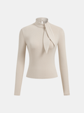 Women’s Long-Sleeved Jersey Top with Neck Tie – Soft Stretch Viscose and Stand Collar for Elegant Everyday Styling