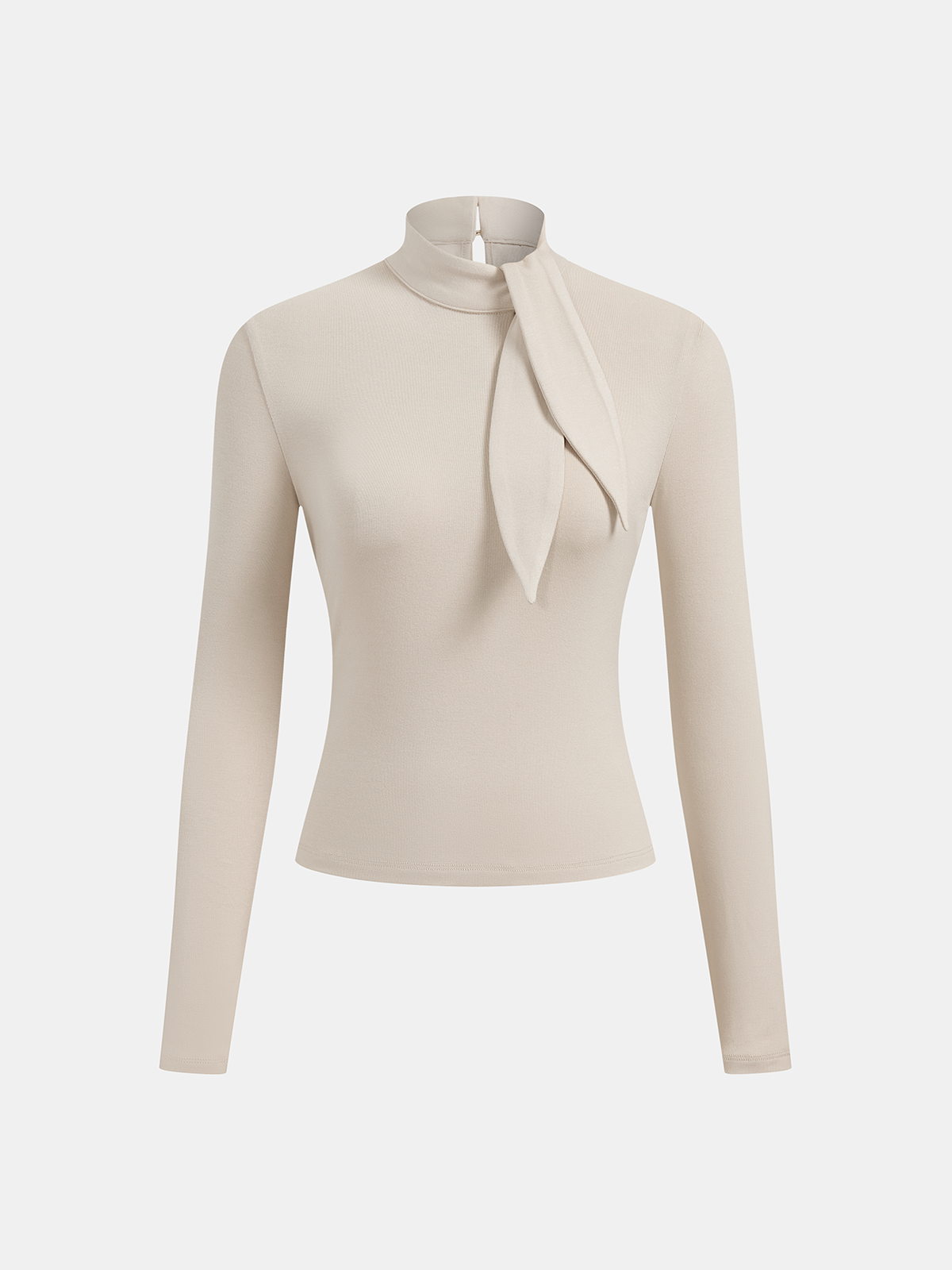 Women’s Long-Sleeved Jersey Top with Neck Tie – Soft Stretch Viscose and Stand Collar for Elegant Everyday Styling