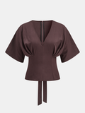Women's Elegant V Neck Blouse with Dolman Sleeves – Tailored Waist Short Sleeve Top for Office and Smart Casual Wear