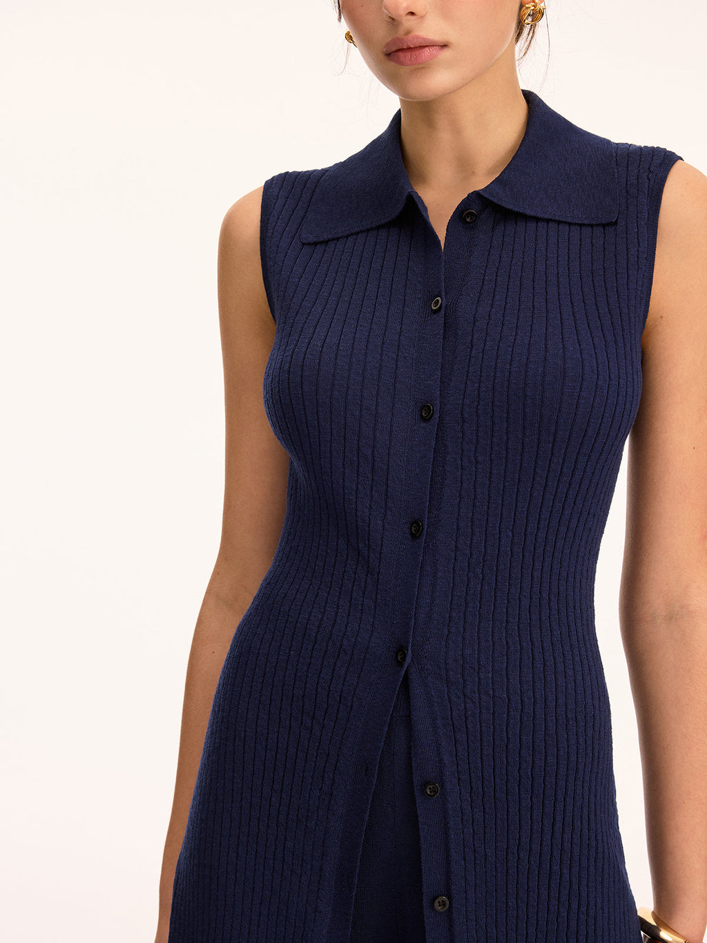Women's Ribbed Knit Two-Piece Trouser Set – Sleeveless Longline Button Front Tunic and Wide Leg Trousers for Smart Casual Wear
