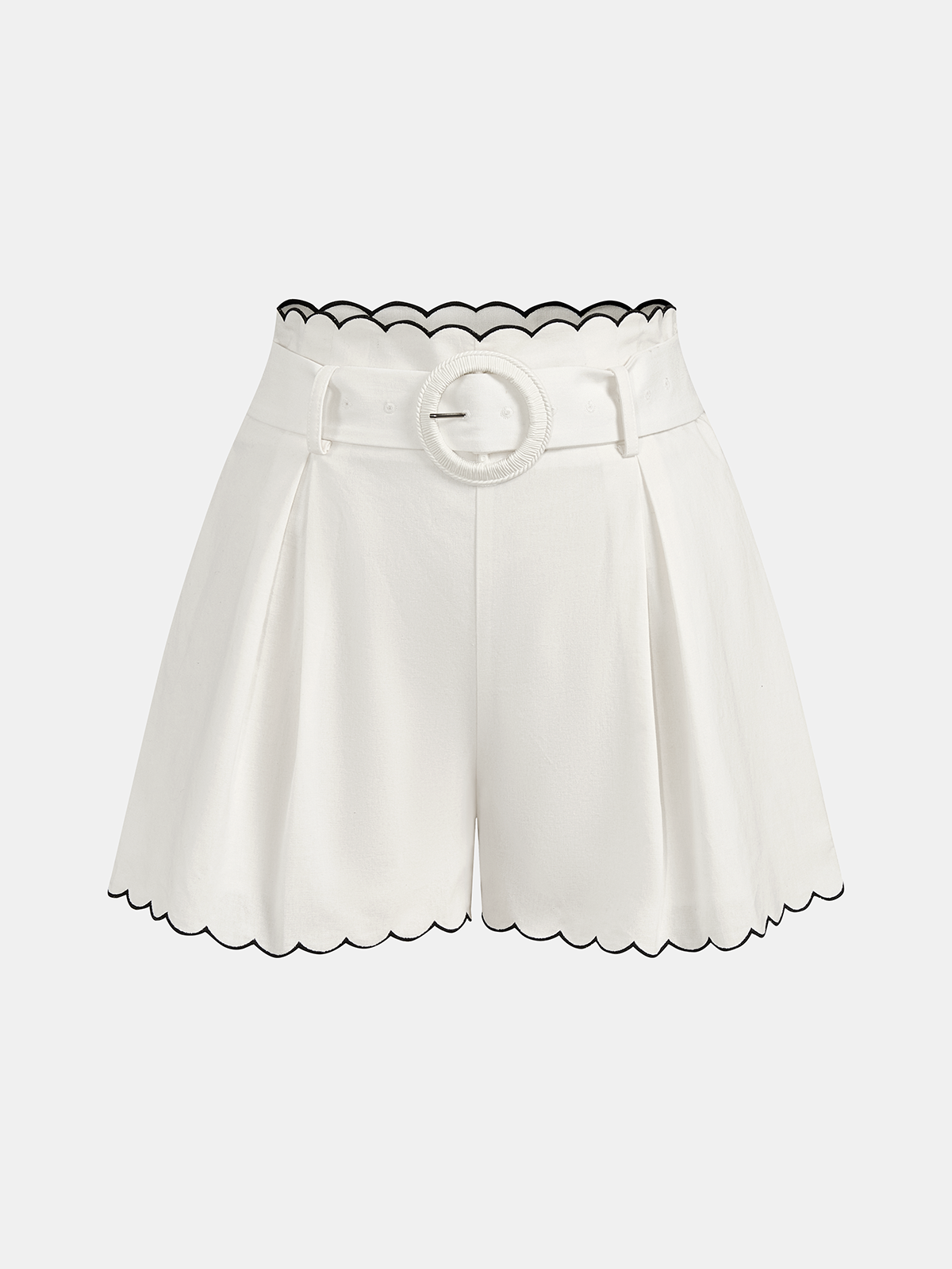 Women's Cotton Scallop Trim Two-Piece Summer Set – Puff Sleeve Button Front Blouse and High Waisted Tailored Shorts for Smart Casual Wear