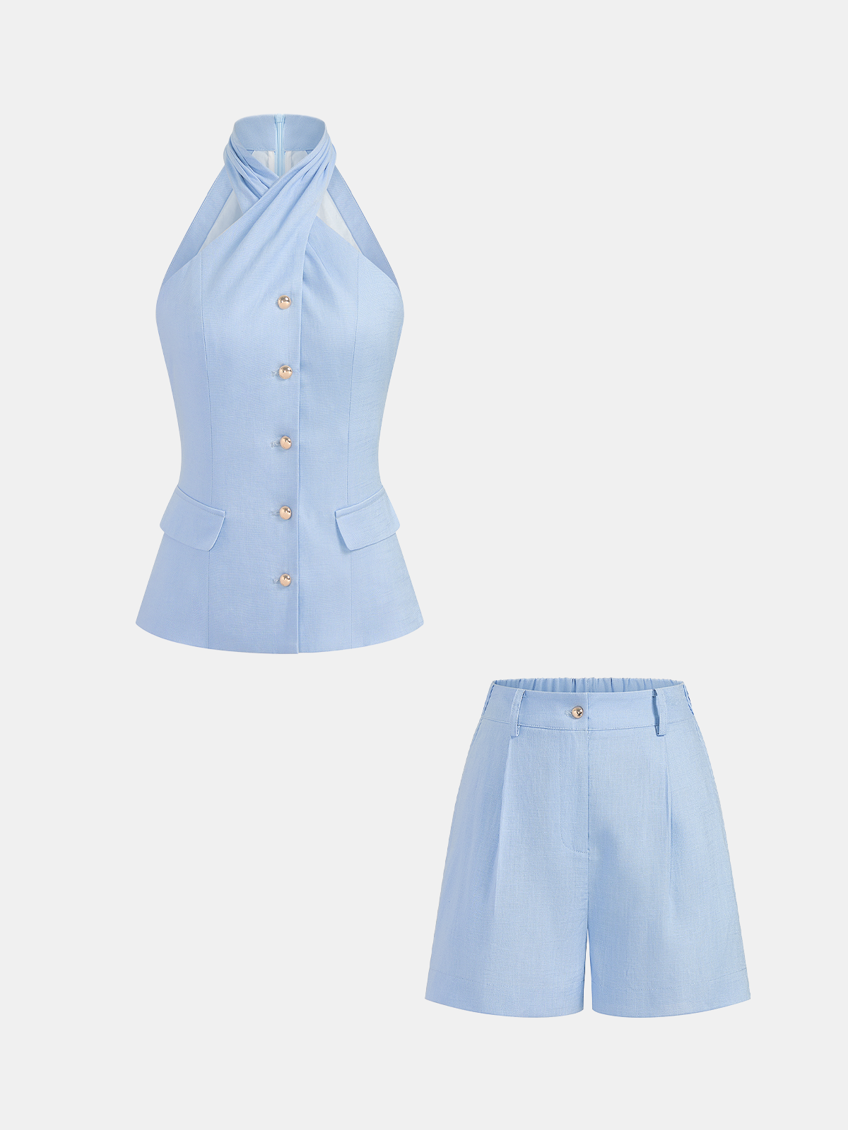 Women’s Halter Neck Button Front Waistcoat and Tailored Shorts Set – Lightweight Linen Blend Summer Outfit for Elegant Casual Wear