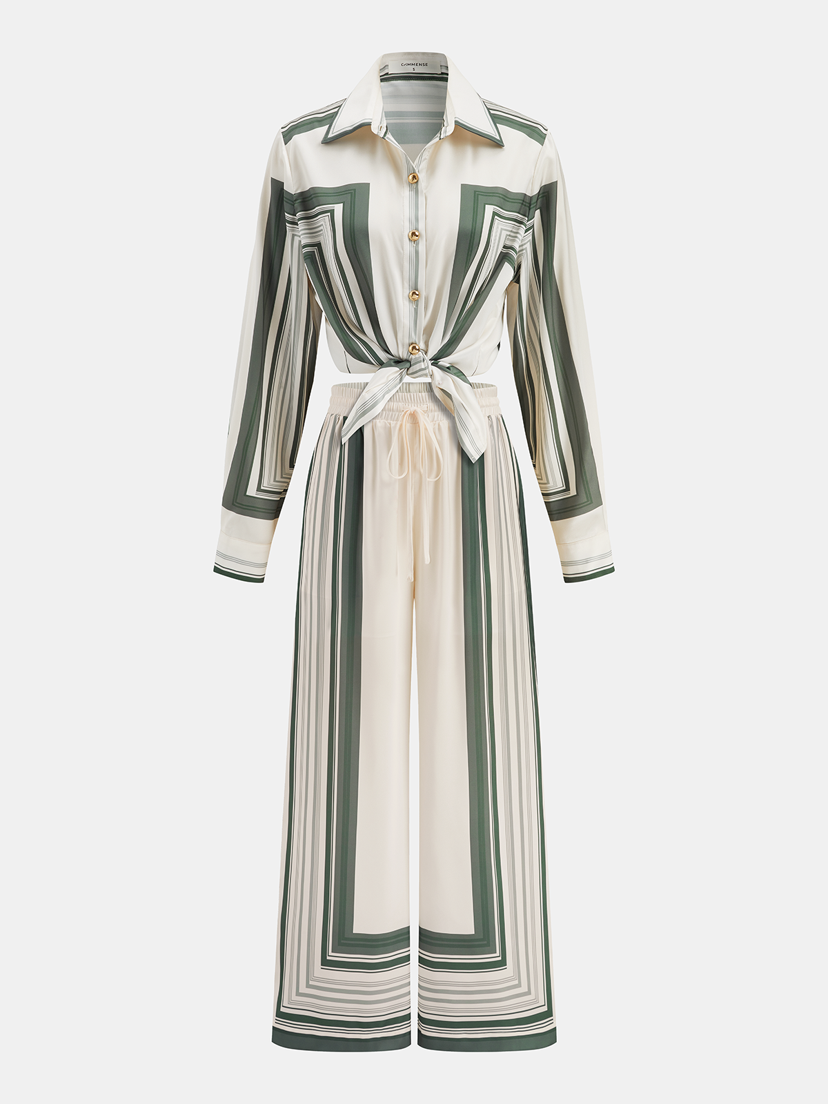 Women’s Geometric Print Satin Shirt and Wide-Leg Trousers Two-Piece Set – Elegant Relaxed Summer Outfit for Casual and Holiday Wear