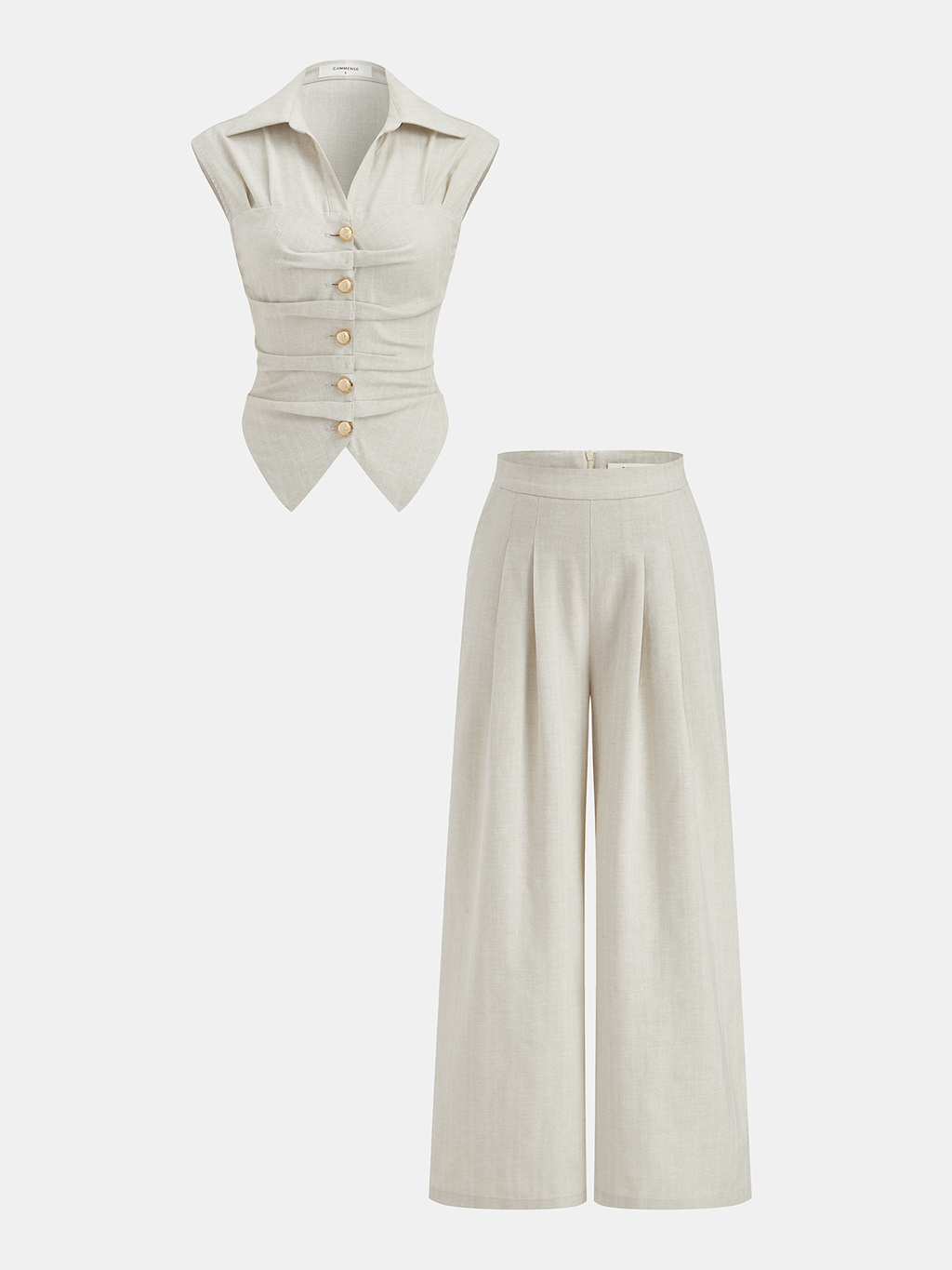 Women’s Sleeveless Tailored Button Front Top and Pleated Wide-Leg Trousers Set – Lightweight Cotton Linen Blend Summer Outfit