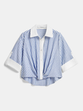 Women’s Striped Twist-Front Shirt with Short Sleeves – Relaxed Cropped Fit with Contrast Collar and Turn-Up Cuffs