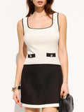Women's Elegant Square Neck Knitted Tank Top with Contrast Piping and Decorative Buttons – Slim Fit Sleeveless Style for Summer and Smart Casual Wear