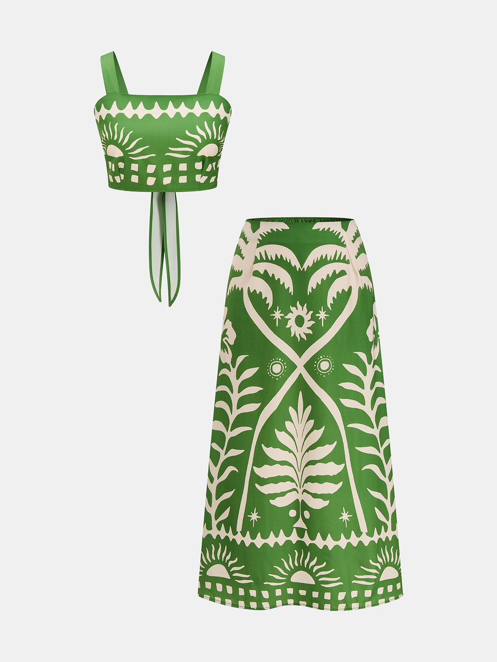 Women's Printed Two-Piece Summer Skirt Set – Square Neck Tie Back Crop Top and Flowing A-Line Midi Skirt for Elegant Holiday Wear