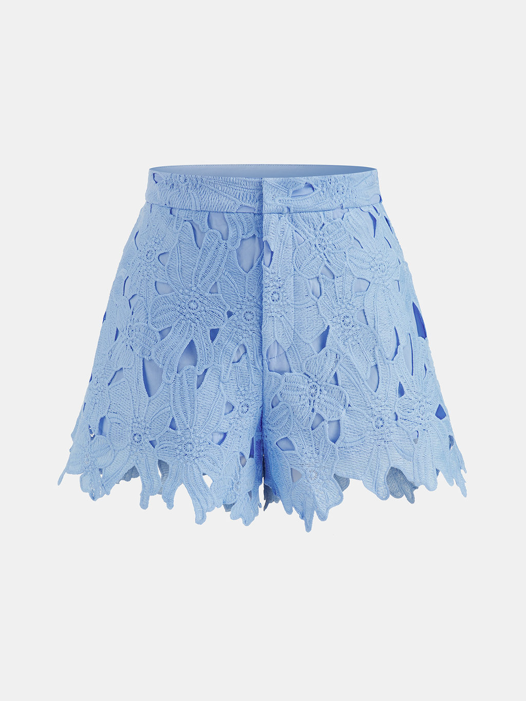 Women's Openwork Lace Two-Piece Summer Shorts Set – Cropped Short Sleeve Button Front Shirt with Scalloped Trim for Elegant Holiday Wear