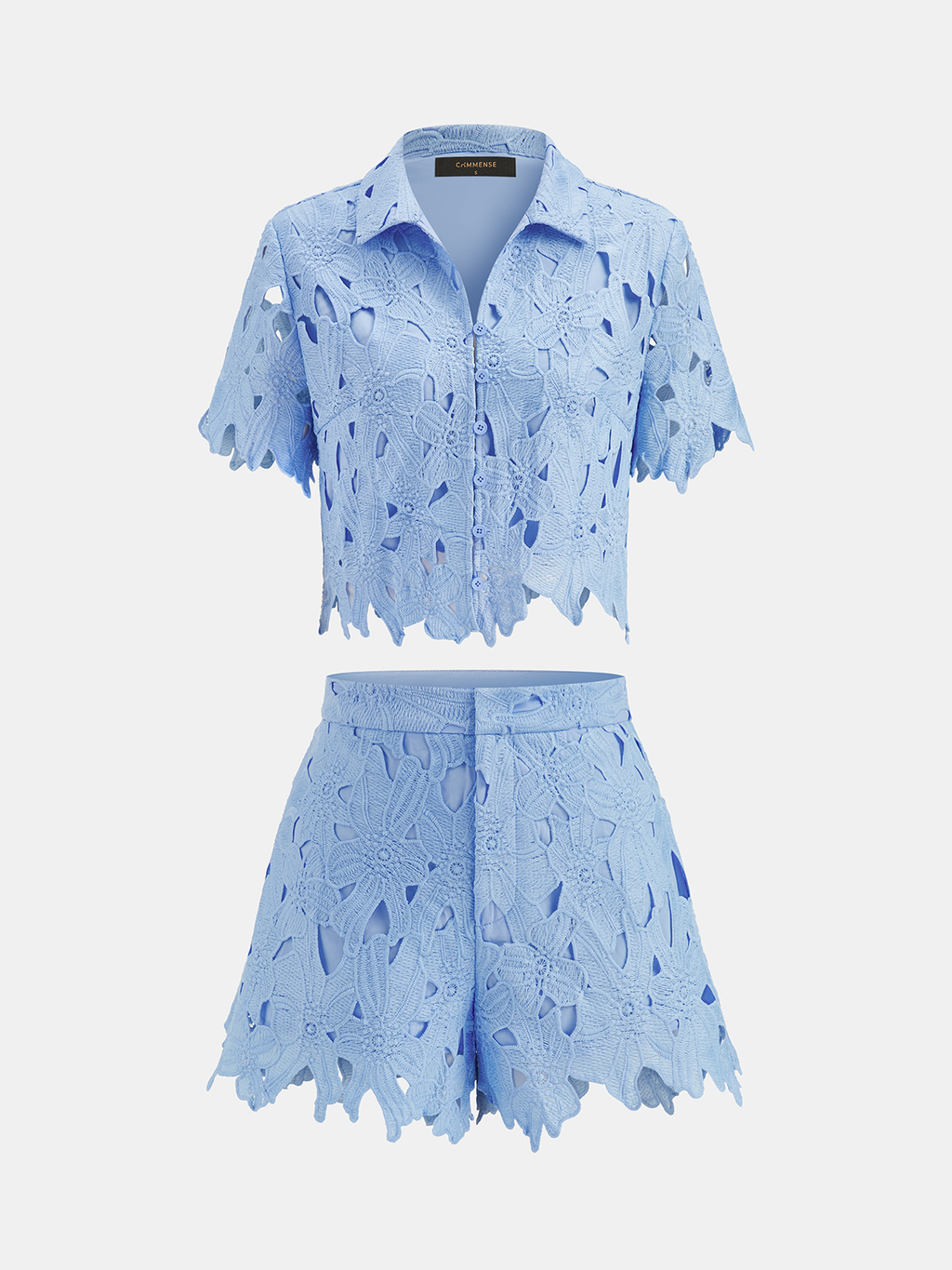 Women's Openwork Lace Two-Piece Summer Shorts Set – Cropped Short Sleeve Button Front Shirt with Scalloped Trim for Elegant Holiday Wear