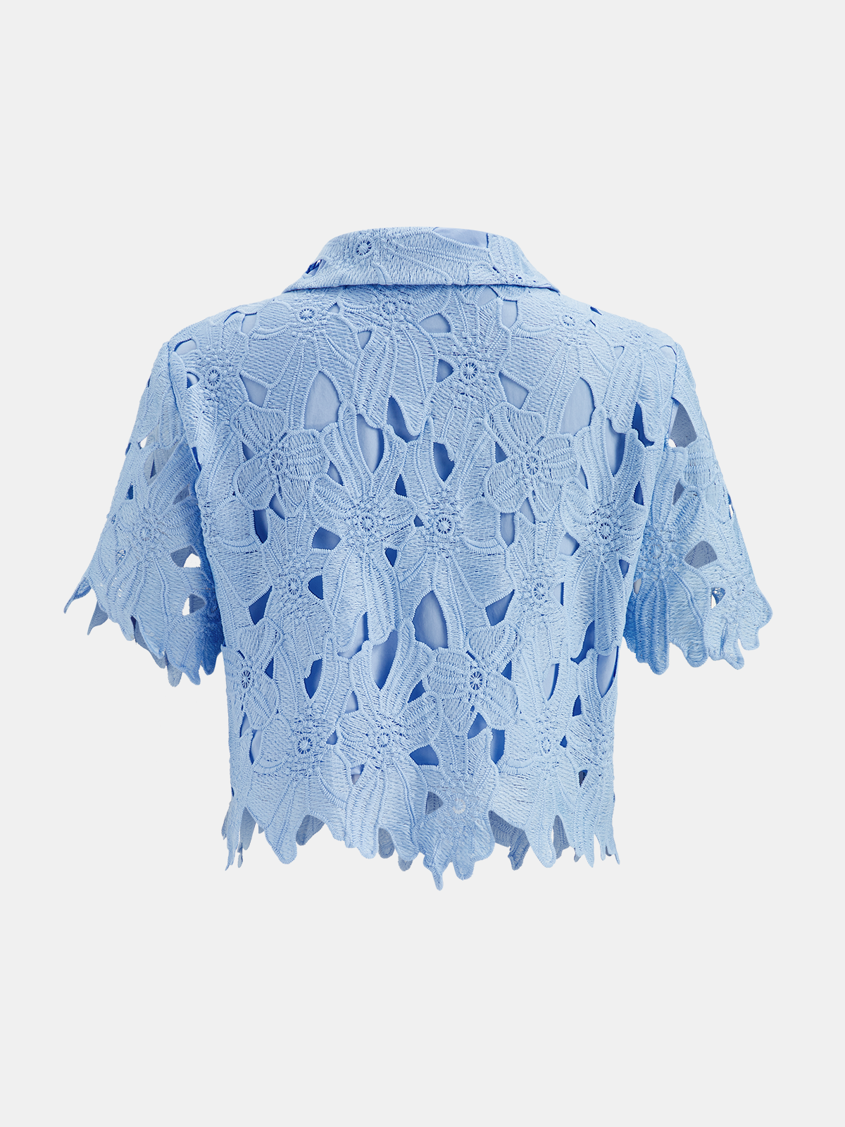Women's Openwork Lace Two-Piece Summer Shorts Set – Cropped Short Sleeve Button Front Shirt with Scalloped Trim for Elegant Holiday Wear
