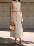 Women’s Sleeveless Cotton Button Front Vest and A-Line Midi Skirt Set – Elegant Cropped Two-Piece Summer Outfit for Smart Casual Wear