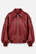 Women’s Oversized Leather-Look Bomber Jacket with Contrast Stitching and Zip Front – Relaxed Casual Streetwear Outerwear for Spring and Autumn