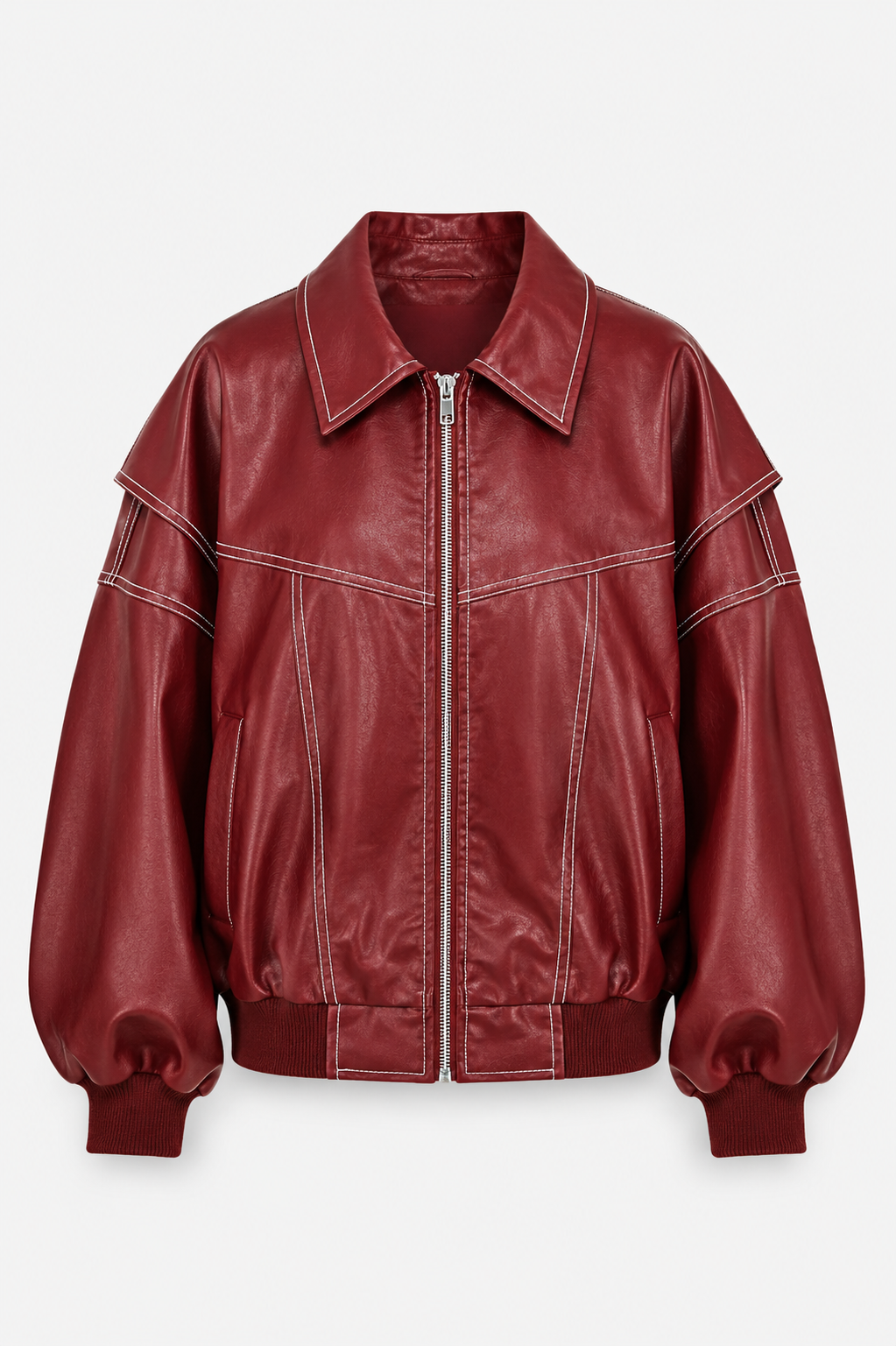 Women’s Oversized Leather-Look Bomber Jacket with Contrast Stitching and Zip Front – Relaxed Casual Streetwear Outerwear for Spring and Autumn