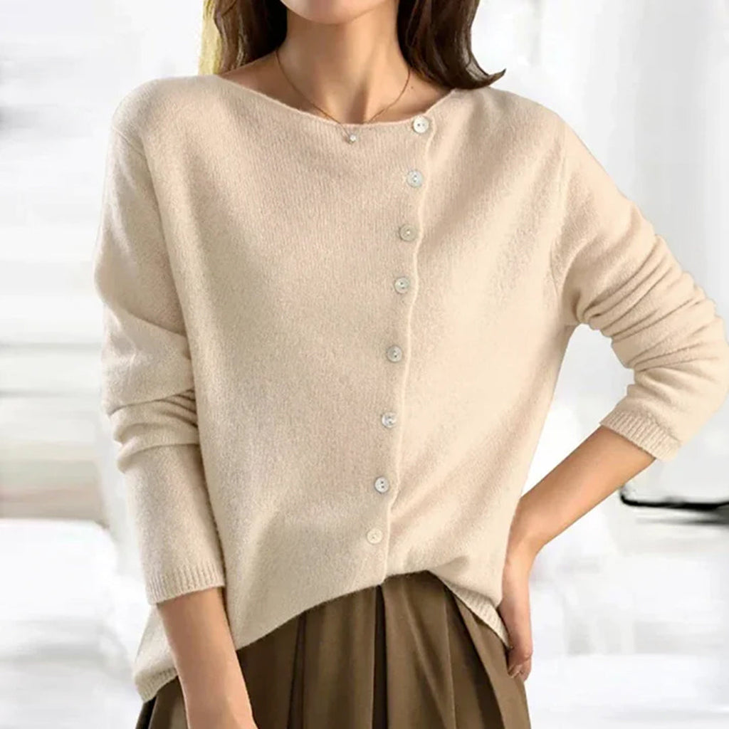 Women's Elegant Fine Knit Cardigan – Classic Round Neck Button-Up Sweater with Long Sleeves for Smart Casual Wear