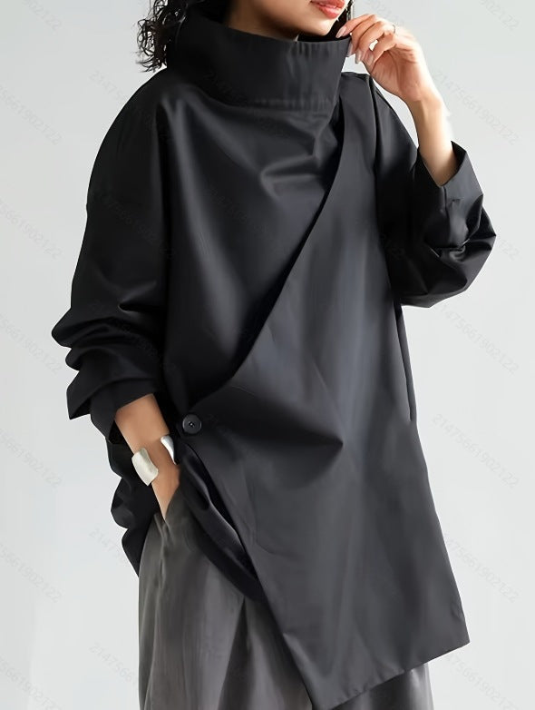 Women's Elegant Asymmetric High Neck Blouse with Draped Wrap Front – Relaxed Long Sleeve Top for Office and Contemporary Smart Casual Wear