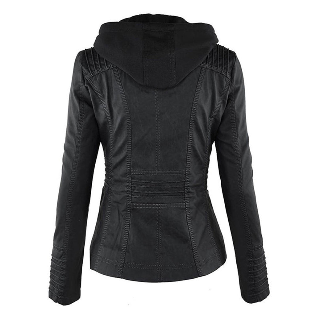 Women’s Hooded Leather-Look Jacket with Zip Details – Fitted Silhouette for Everyday and Mid-Season Styling