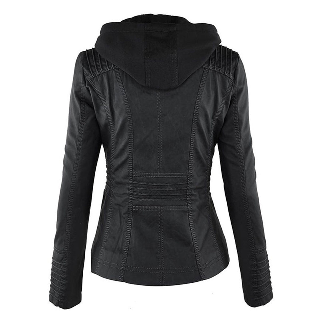 Women’s Hooded Leather-Look Jacket with Zip Details – Fitted Silhouette for Everyday and Mid-Season Styling