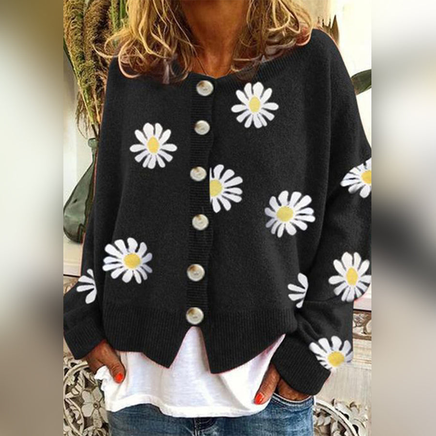 Women’s Oversized Printed Knit Cardigan with Round Neck and Button Front – Relaxed Layer for Spring and Autumn