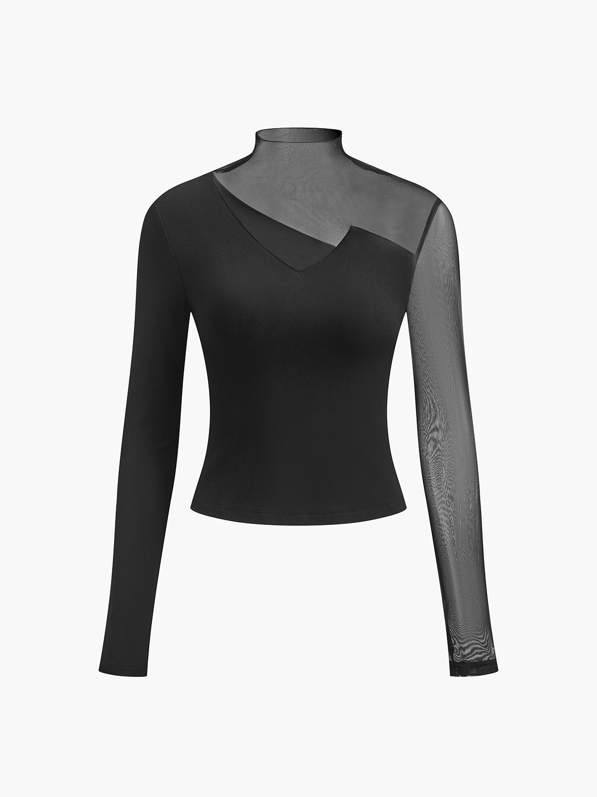 Women's Elegant High Neck Mesh Panel Blouse with Asymmetric Sheer Sleeves – Fitted Long Sleeve Top for Evening and Smart Casual Wear