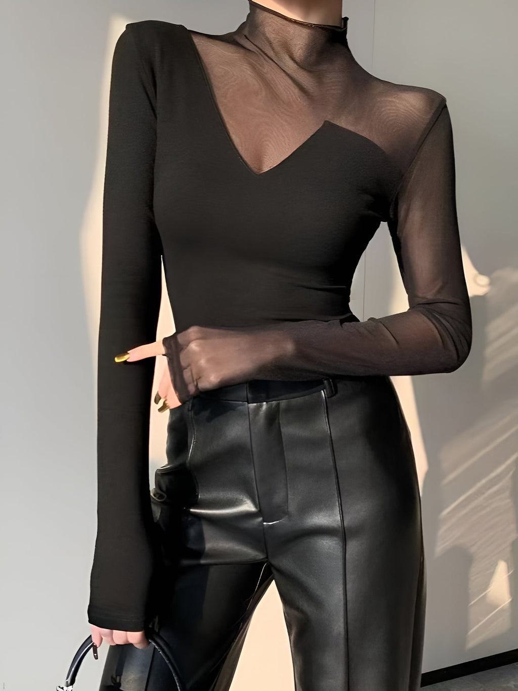 Women's Elegant High Neck Mesh Panel Blouse with Asymmetric Sheer Sleeves – Fitted Long Sleeve Top for Evening and Smart Casual Wear