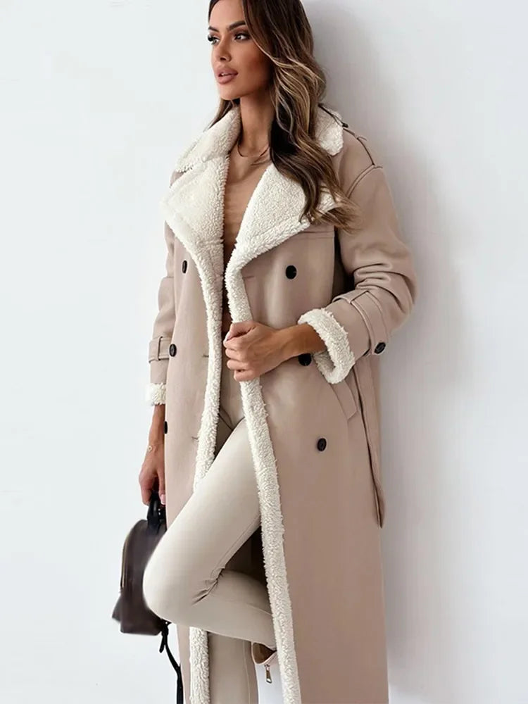 Women’s Long Lapel Coat With Plush Trim