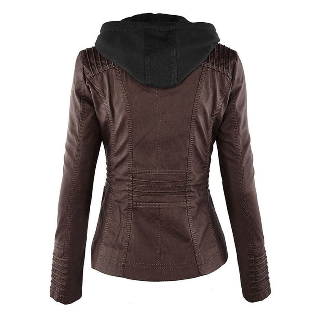 Women’s Hooded Leather-Look Jacket with Zip Details – Fitted Silhouette for Everyday and Mid-Season Styling