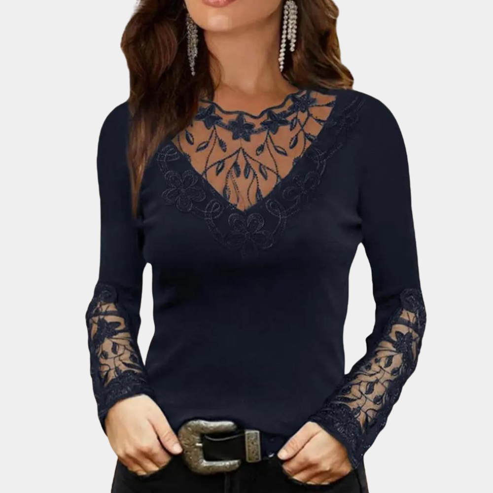 Women's Elegant V Neck Blouse with Sheer Embroidered Lace Panels – Fitted Long Sleeve Top for Evening and Smart Casual Wear