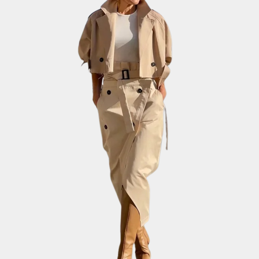 Women’s Cropped Double Breasted Trench Jacket and Asymmetric Midi Skirt Set – Elegant Two-Piece Outfit for Spring and Summer Smart Casual Wear