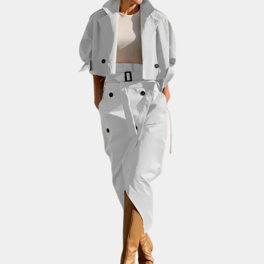 Women’s Cropped Double Breasted Trench Jacket and Asymmetric Midi Skirt Set – Elegant Two-Piece Outfit for Spring and Summer Smart Casual Wear