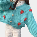 Women's Chunky Knitted Cardigan with Strawberry Appliqué – Cropped V Neck Button Front Cardigan with Relaxed Long Sleeves for Spring and Autumn