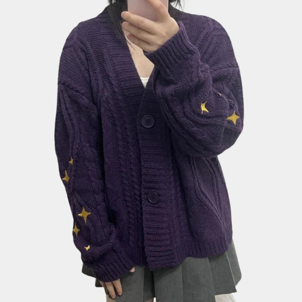 Women's Chunky Knitted Cardigan with Strawberry Appliqué – Cropped V Neck Button Front Cardigan with Relaxed Long Sleeves for Spring and Autumn