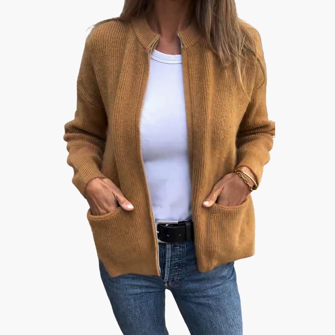 Women’s Textured Ribbed Knit Zip-Up Cardigan with Stand Collar and Pockets – Relaxed Warm Layer for Autumn and Winter