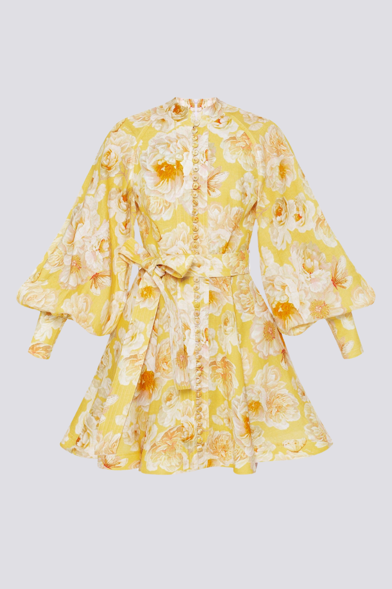 Cassiopee Balloon Sleeve Flower Mini-Length Dress